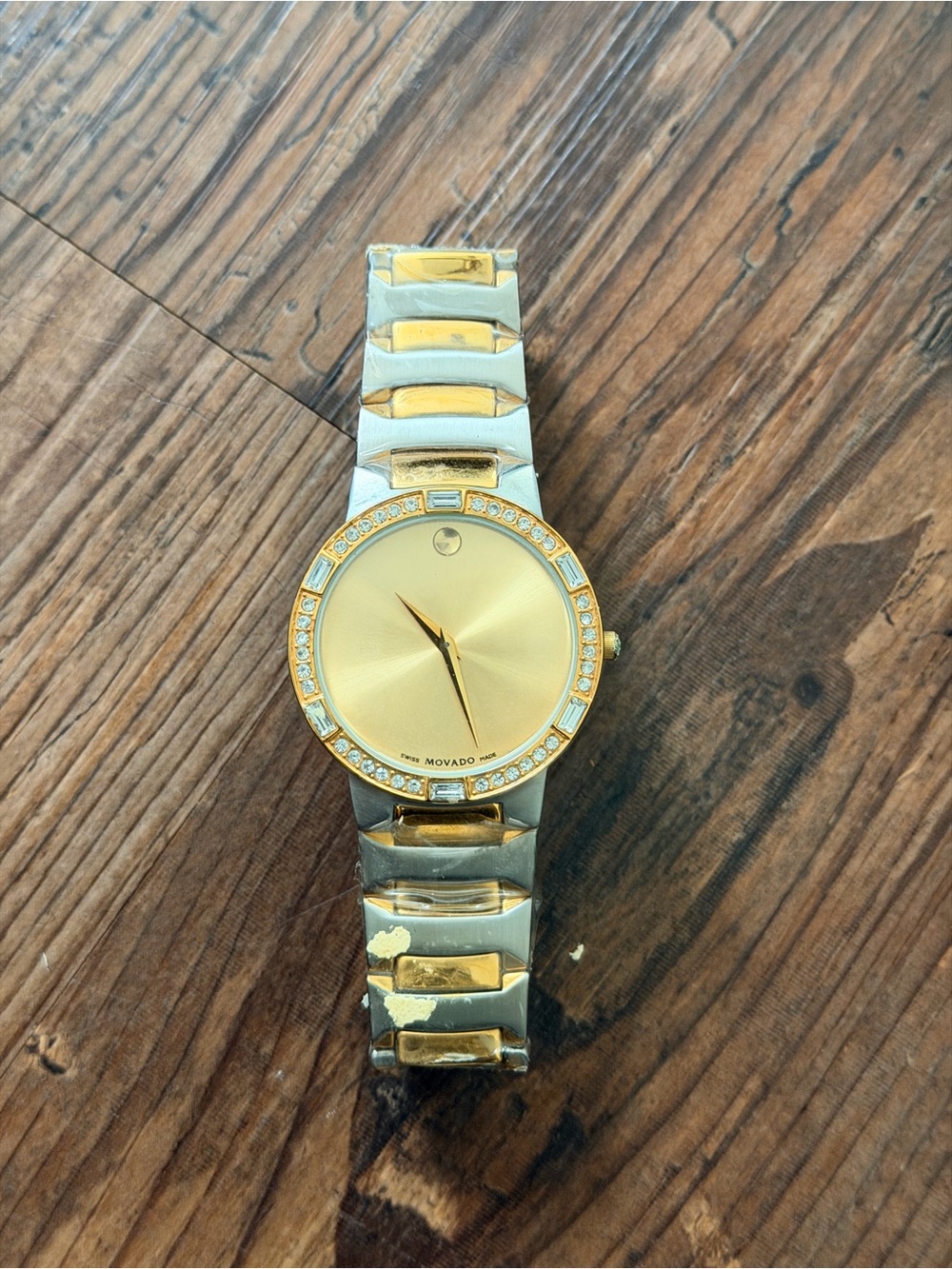 Movado Two-Tone Gold and Silver Crystal Bezel Women’s Bracelet Watch